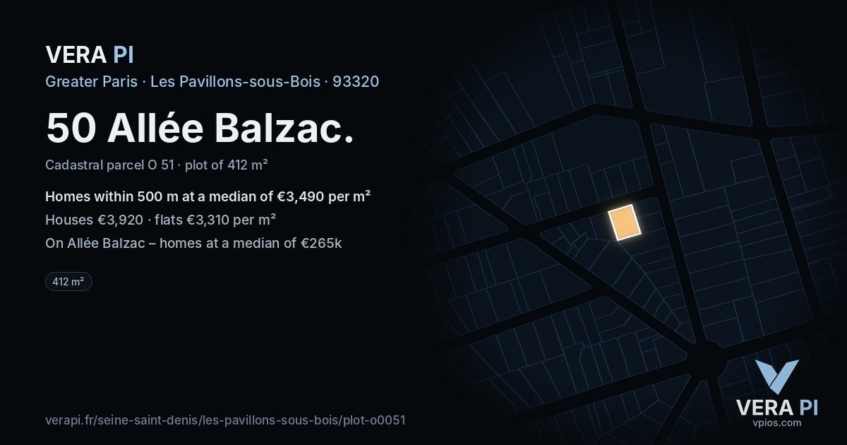 50 Allée Balzac, Les Pavillons-sous-Bois at night – the plot lit, the parcels around coloured by the prices near them