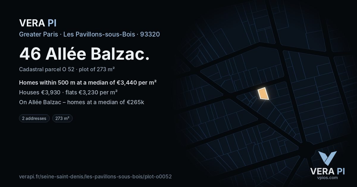 46 Allée Balzac, Les Pavillons-sous-Bois at night – the plot lit, the parcels around coloured by the prices near them