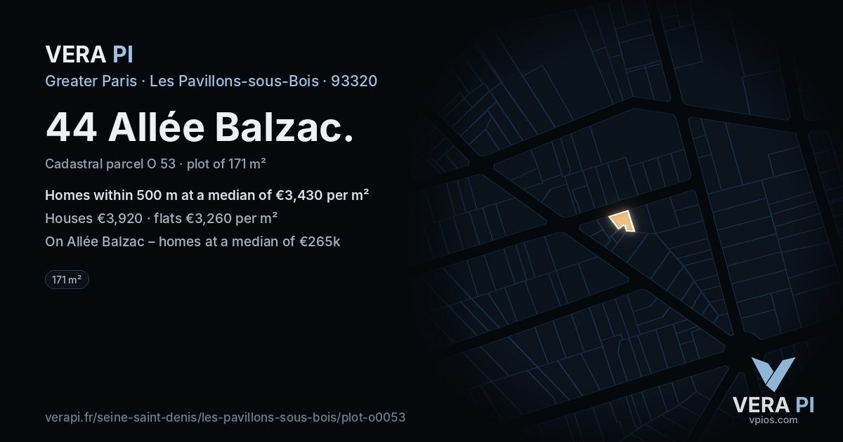 44 Allée Balzac, Les Pavillons-sous-Bois at night – the plot lit, the parcels around coloured by the prices near them