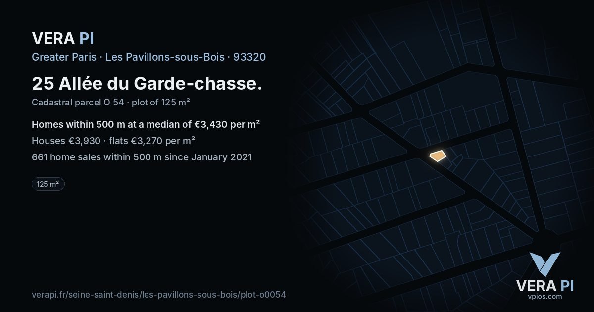 25 Allée du Garde-chasse, Les Pavillons-sous-Bois at night – the plot lit, the parcels around coloured by the prices near them