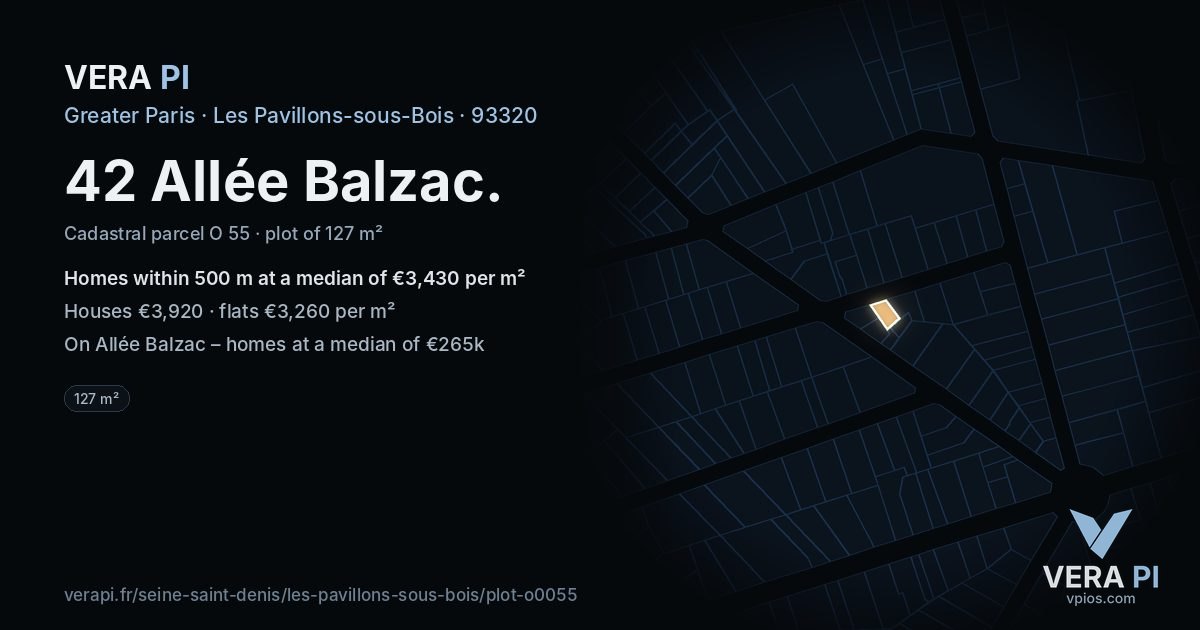 42 Allée Balzac, Les Pavillons-sous-Bois at night – the plot lit, the parcels around coloured by the prices near them