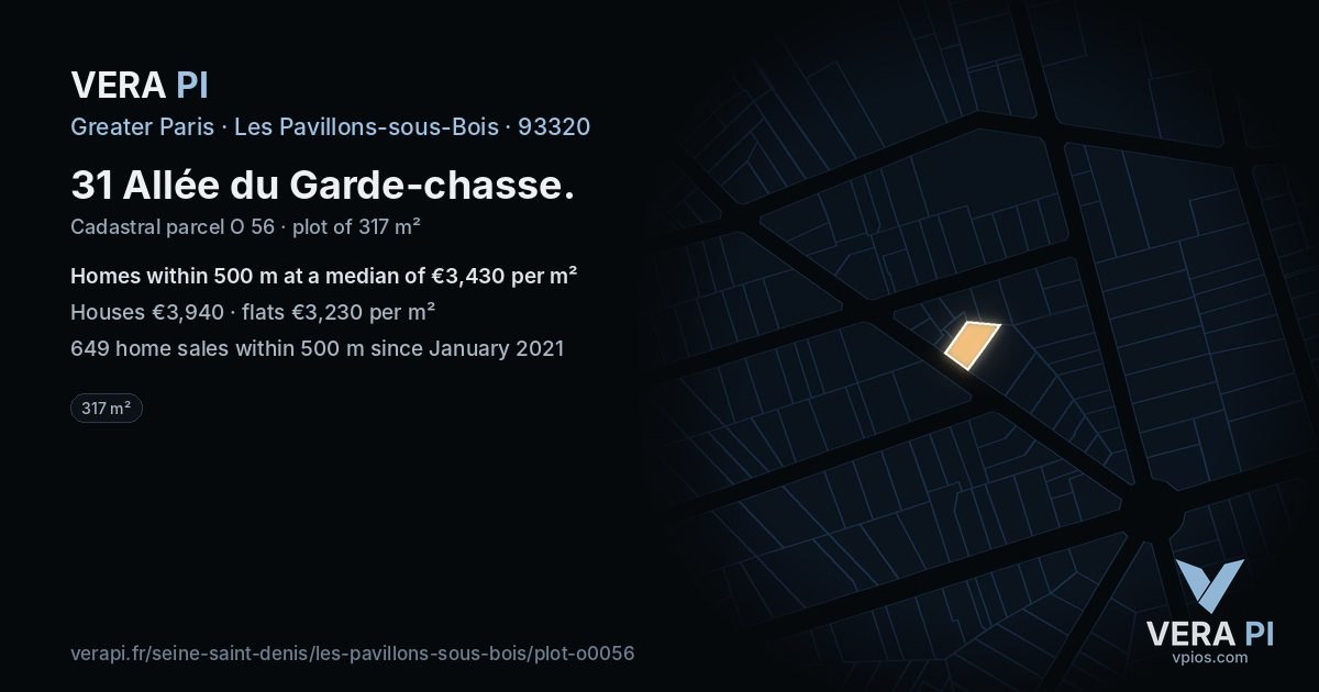 31 Allée du Garde-chasse, Les Pavillons-sous-Bois at night – the plot lit, the parcels around coloured by the prices near them