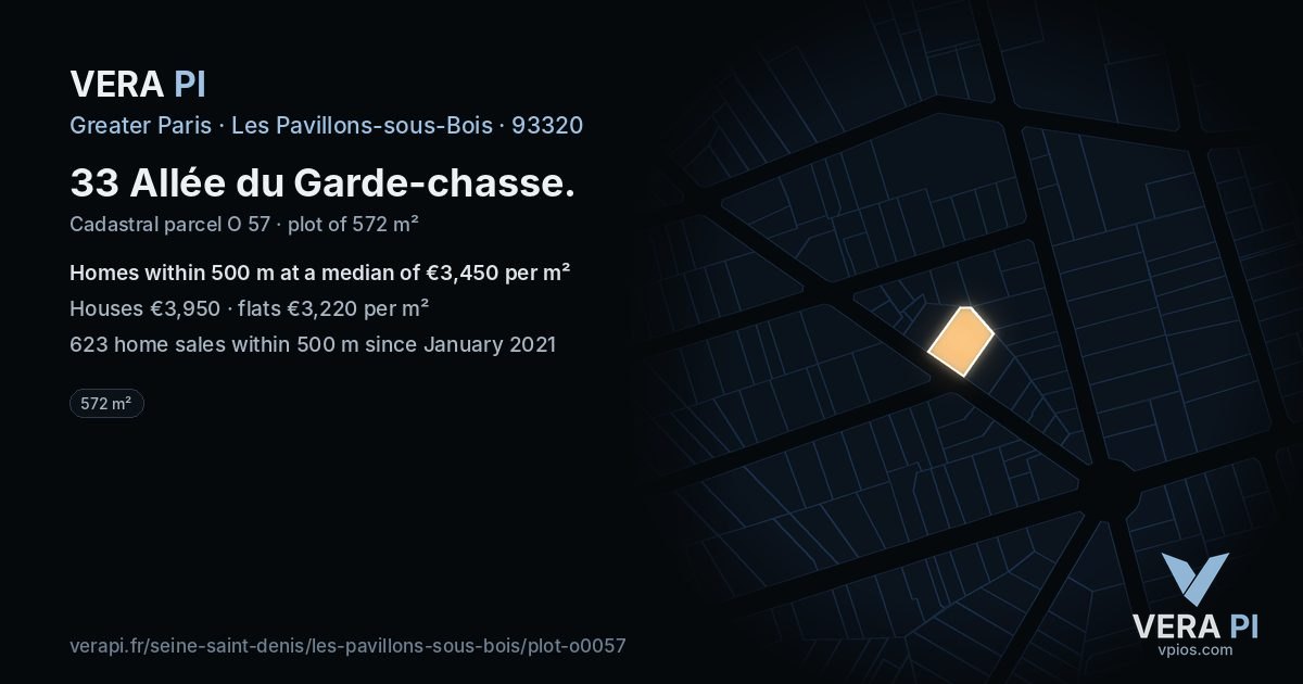 33 Allée du Garde-chasse, Les Pavillons-sous-Bois at night – the plot lit, the parcels around coloured by the prices near them