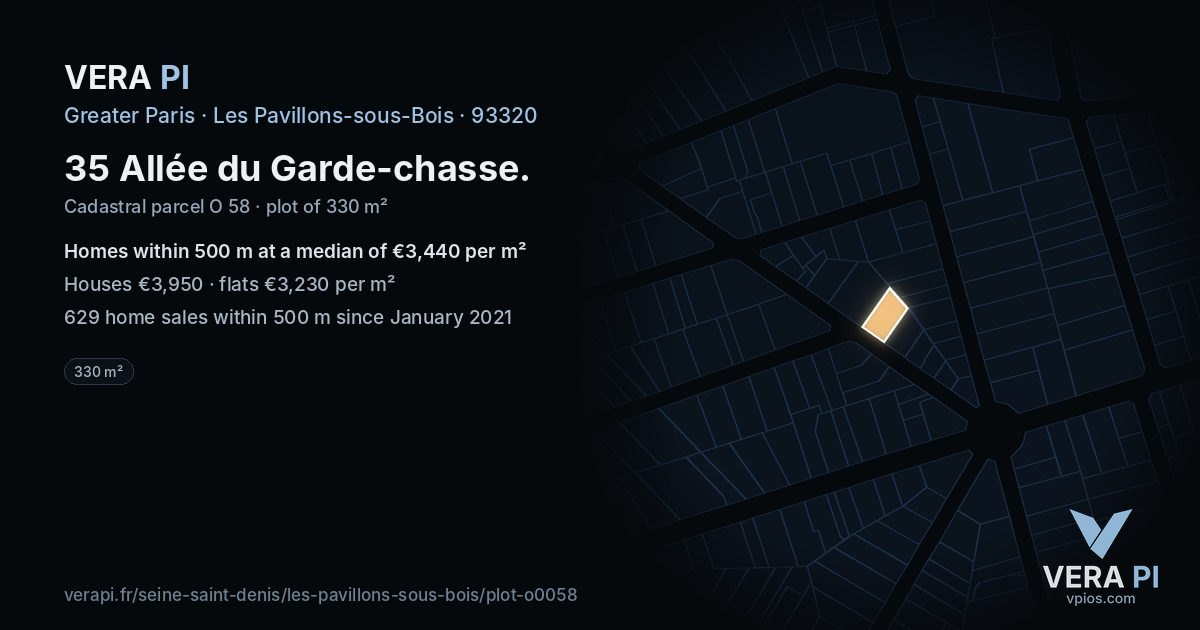 35 Allée du Garde-chasse, Les Pavillons-sous-Bois at night – the plot lit, the parcels around coloured by the prices near them