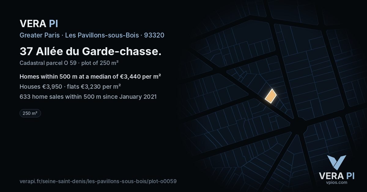 37 Allée du Garde-chasse, Les Pavillons-sous-Bois at night – the plot lit, the parcels around coloured by the prices near them