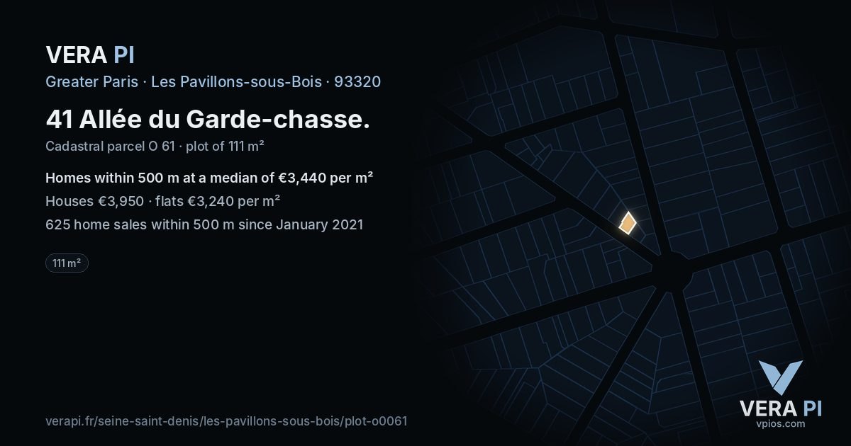 41 Allée du Garde-chasse, Les Pavillons-sous-Bois at night – the plot lit, the parcels around coloured by the prices near them