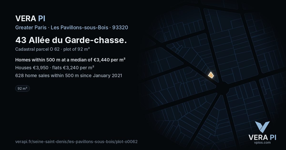 43 Allée du Garde-chasse, Les Pavillons-sous-Bois at night – the plot lit, the parcels around coloured by the prices near them