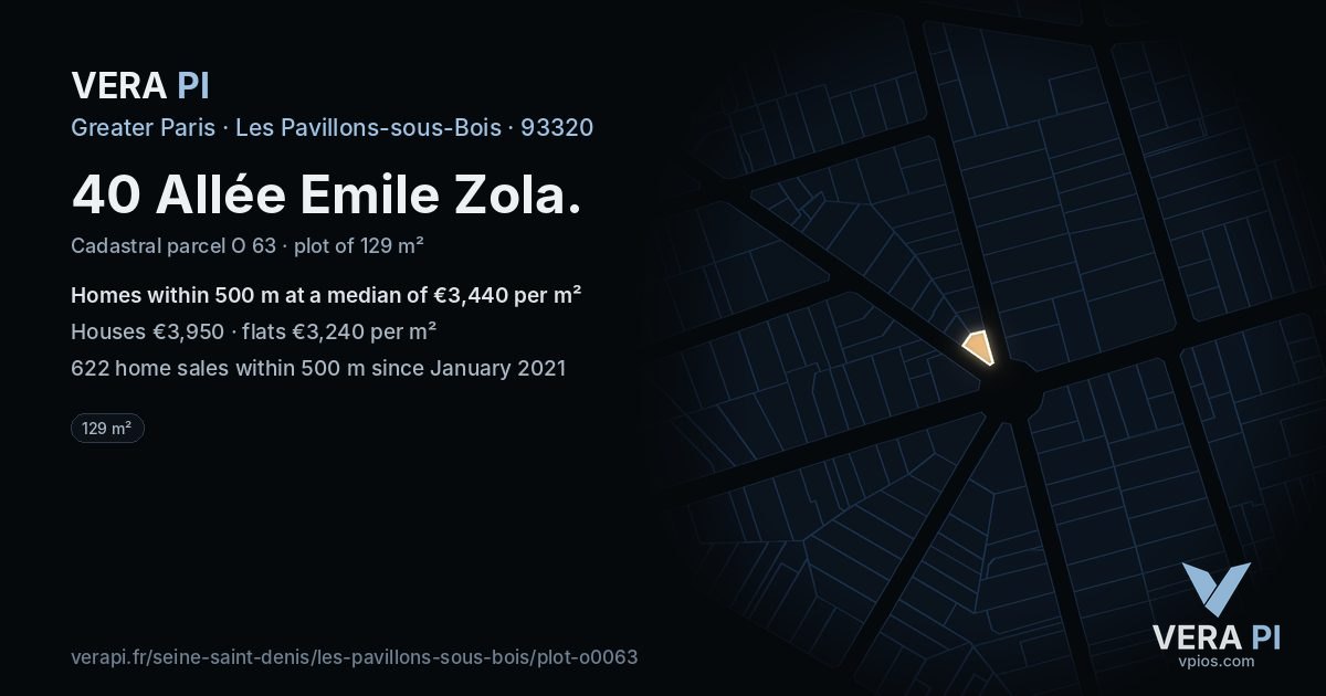 40 Allée Emile Zola, Les Pavillons-sous-Bois at night – the plot lit, the parcels around coloured by the prices near them