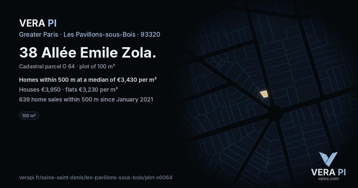 38 Allée Emile Zola, Les Pavillons-sous-Bois at night – the plot lit, the parcels around coloured by the prices near them