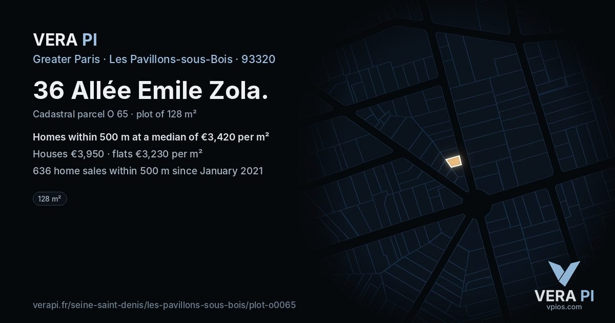 36 Allée Emile Zola, Les Pavillons-sous-Bois at night – the plot lit, the parcels around coloured by the prices near them