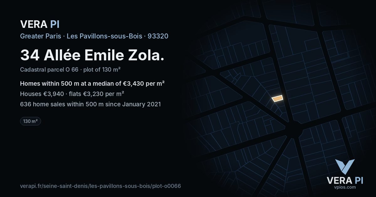 34 Allée Emile Zola, Les Pavillons-sous-Bois at night – the plot lit, the parcels around coloured by the prices near them