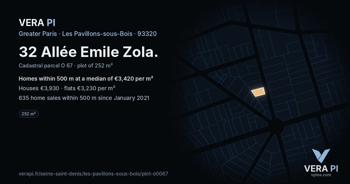 32 Allée Emile Zola, Les Pavillons-sous-Bois at night – the plot lit, the parcels around coloured by the prices near them