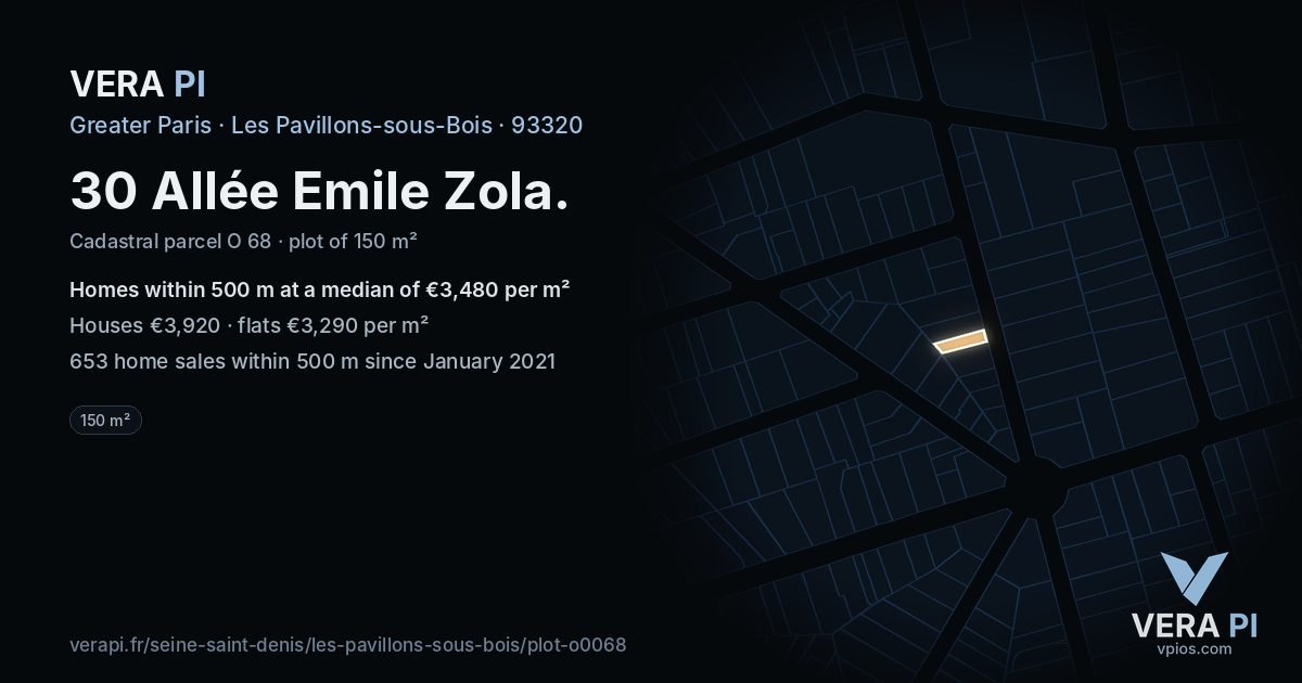 30 Allée Emile Zola, Les Pavillons-sous-Bois at night – the plot lit, the parcels around coloured by the prices near them
