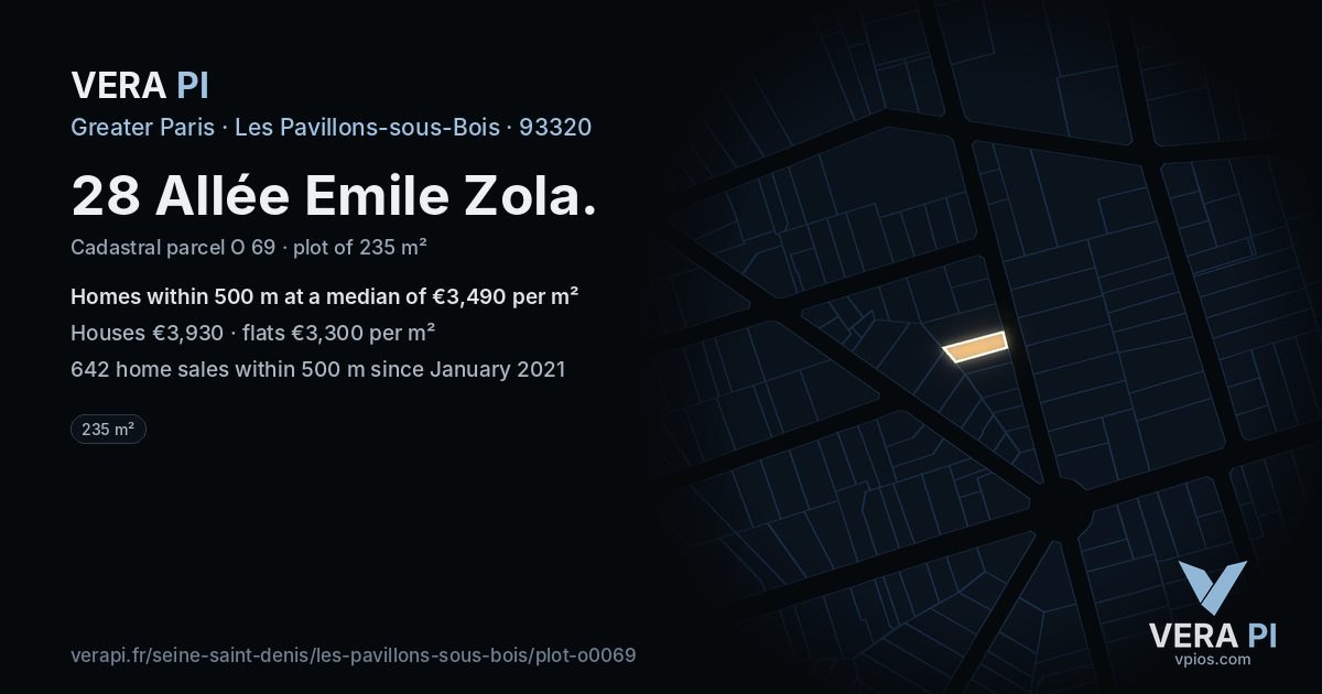 28 Allée Emile Zola, Les Pavillons-sous-Bois at night – the plot lit, the parcels around coloured by the prices near them