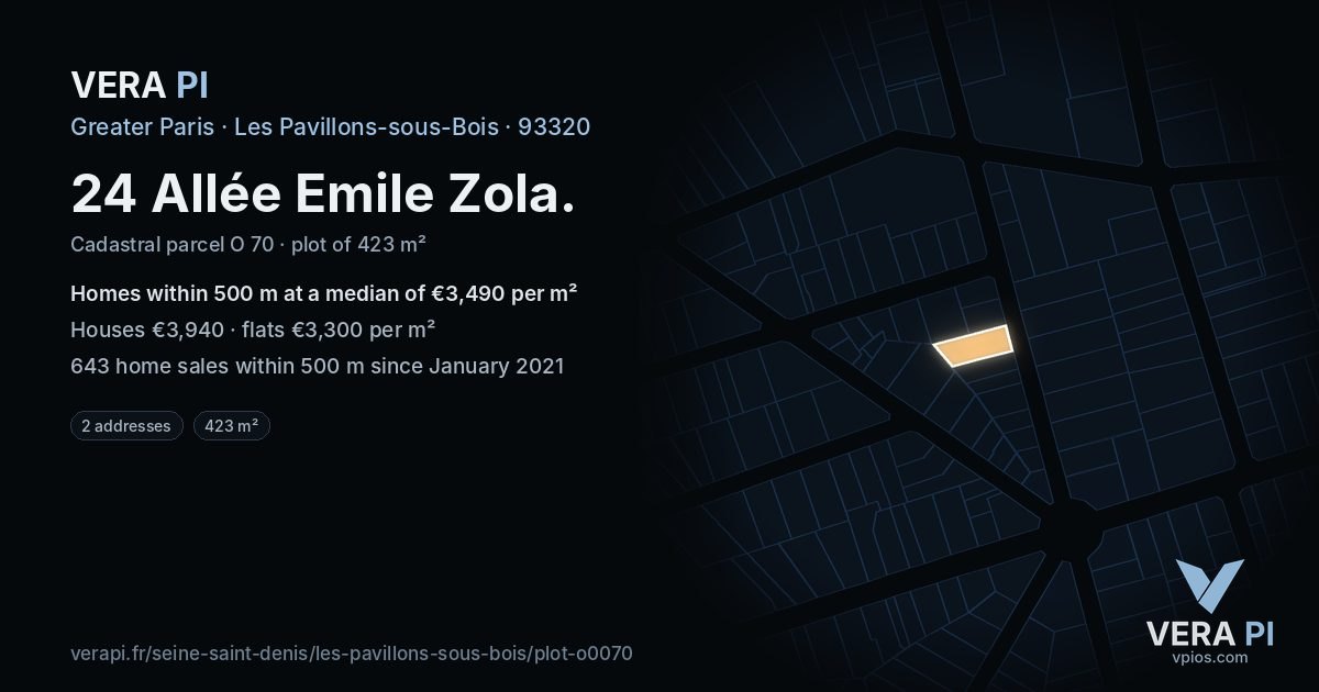 24 Allée Emile Zola, Les Pavillons-sous-Bois at night – the plot lit, the parcels around coloured by the prices near them