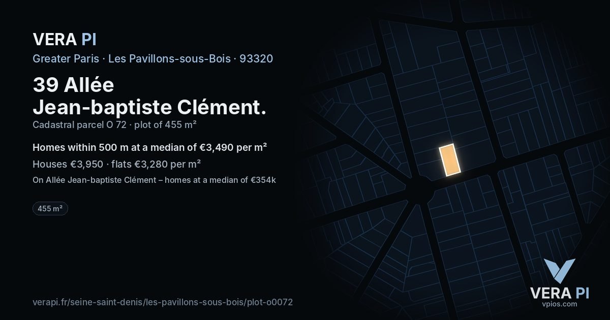39 Allée Jean-baptiste Clément, Les Pavillons-sous-Bois at night – the plot lit, the parcels around coloured by the prices near them