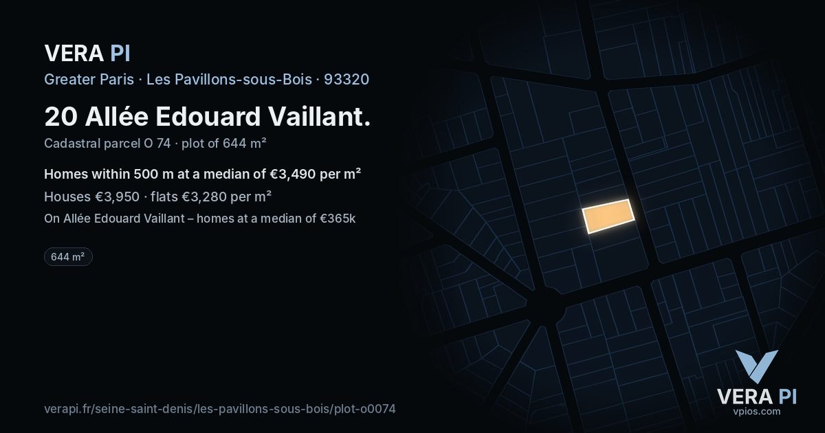 20 Allée Edouard Vaillant, Les Pavillons-sous-Bois at night – the plot lit, the parcels around coloured by the prices near them