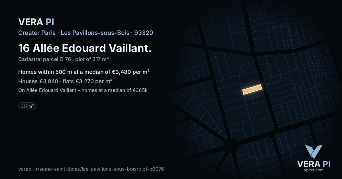 16 Allée Edouard Vaillant, Les Pavillons-sous-Bois at night – the plot lit, the parcels around coloured by the prices near them