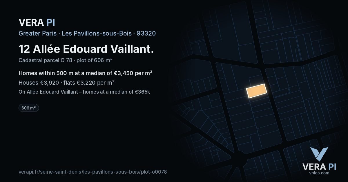 12 Allée Edouard Vaillant, Les Pavillons-sous-Bois at night – the plot lit, the parcels around coloured by the prices near them