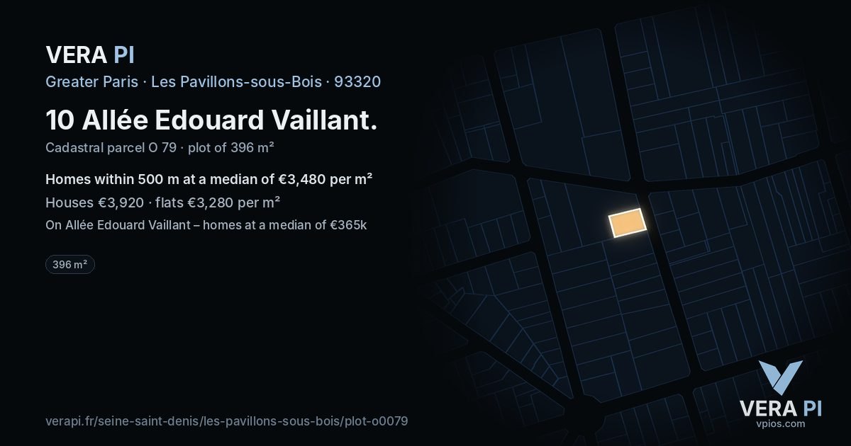 10 Allée Edouard Vaillant, Les Pavillons-sous-Bois at night – the plot lit, the parcels around coloured by the prices near them