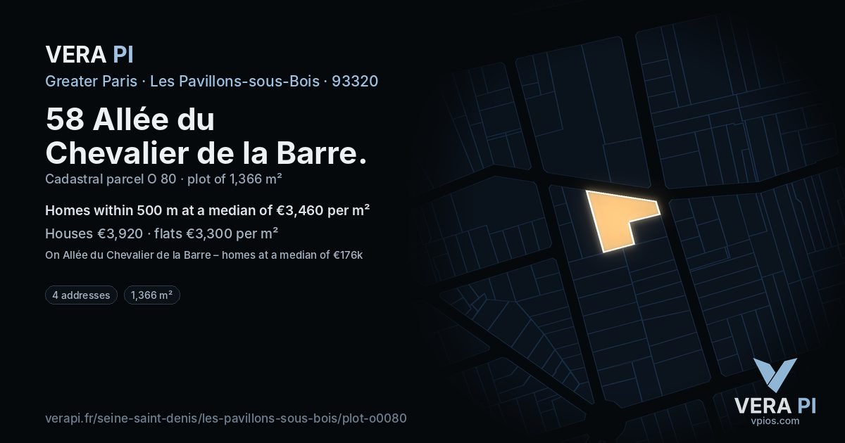 58 Allée du Chevalier de la Barre, Les Pavillons-sous-Bois at night – the plot lit, the parcels around coloured by the prices near them