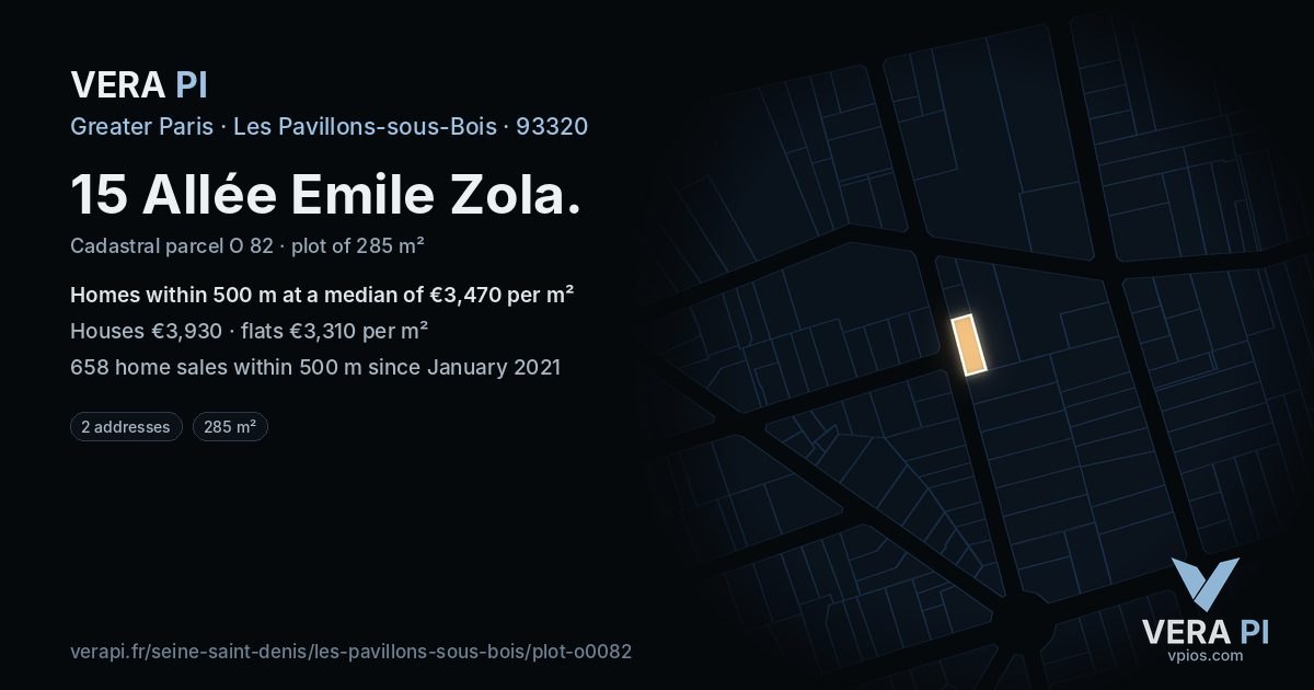 15 Allée Emile Zola, Les Pavillons-sous-Bois at night – the plot lit, the parcels around coloured by the prices near them