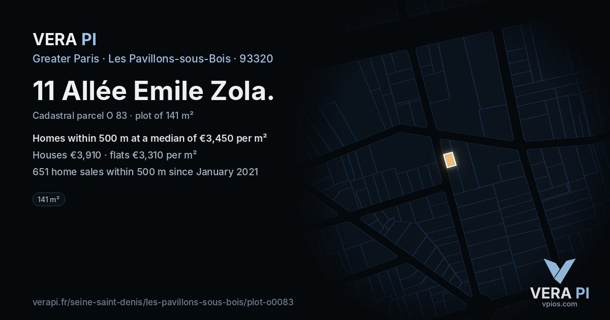 11 Allée Emile Zola, Les Pavillons-sous-Bois at night – the plot lit, the parcels around coloured by the prices near them