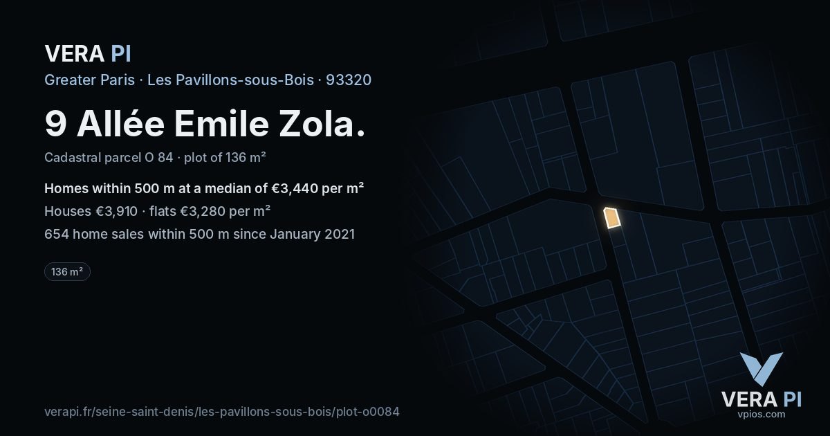 9 Allée Emile Zola, Les Pavillons-sous-Bois at night – the plot lit, the parcels around coloured by the prices near them