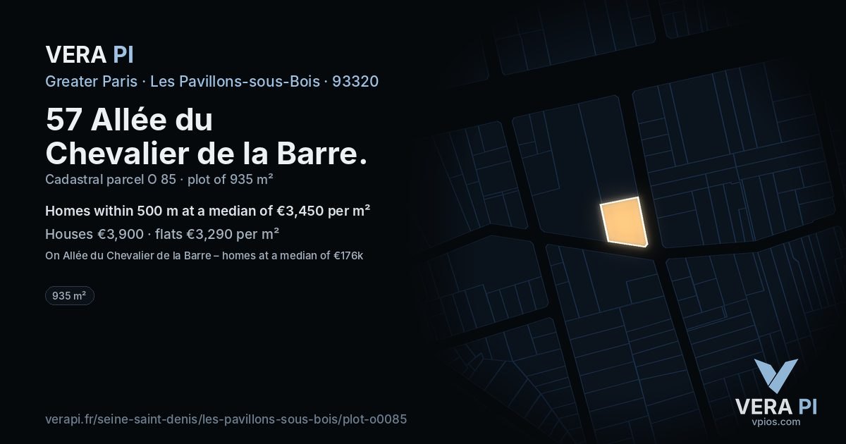 57 Allée du Chevalier de la Barre, Les Pavillons-sous-Bois at night – the plot lit, the parcels around coloured by the prices near them