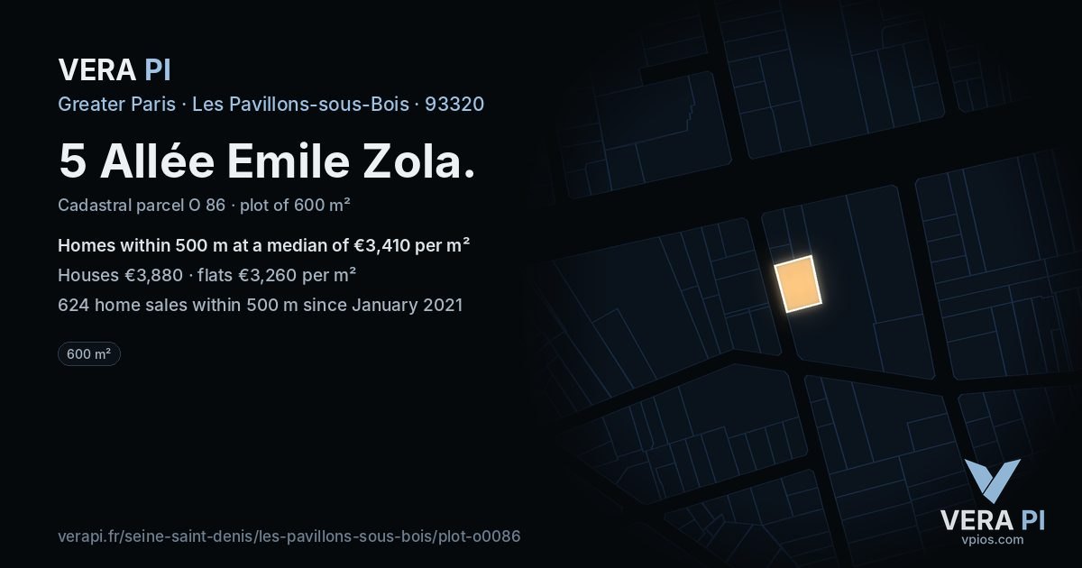 5 Allée Emile Zola, Les Pavillons-sous-Bois at night – the plot lit, the parcels around coloured by the prices near them