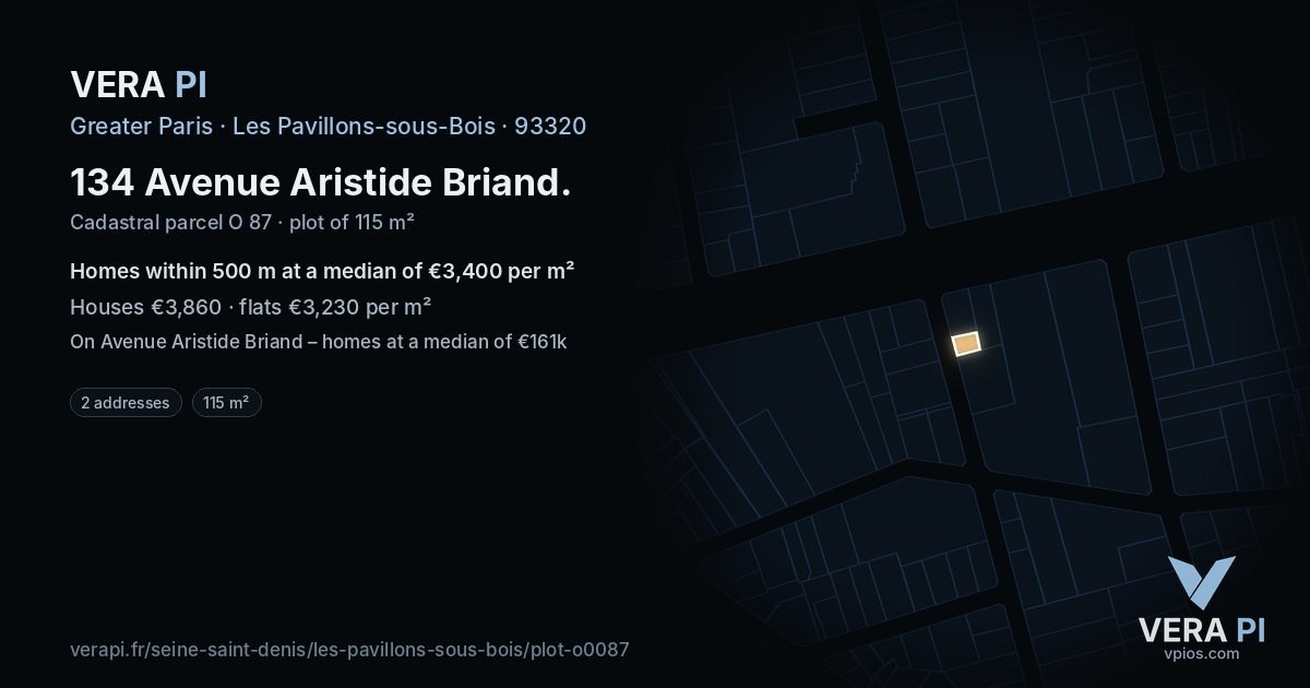 134 Avenue Aristide Briand, Les Pavillons-sous-Bois at night – the plot lit, the parcels around coloured by the prices near them