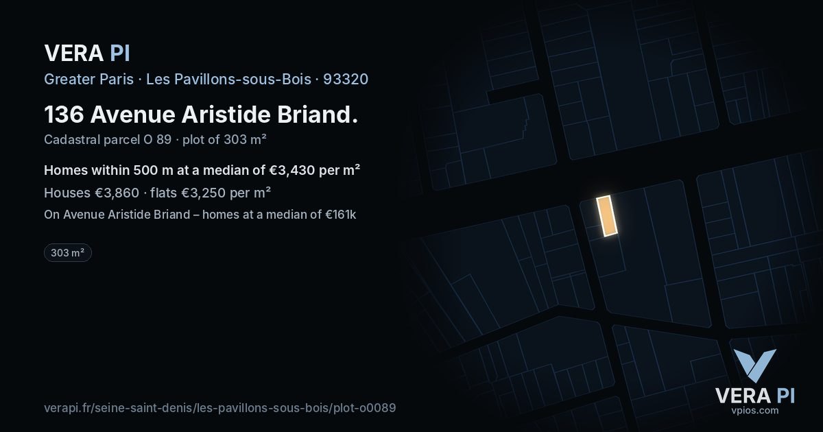 136 Avenue Aristide Briand, Les Pavillons-sous-Bois at night – the plot lit, the parcels around coloured by the prices near them