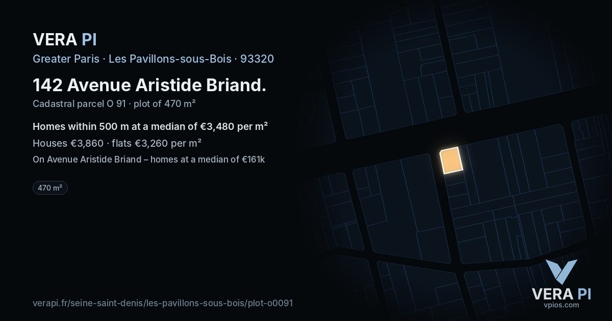142 Avenue Aristide Briand, Les Pavillons-sous-Bois at night – the plot lit, the parcels around coloured by the prices near them