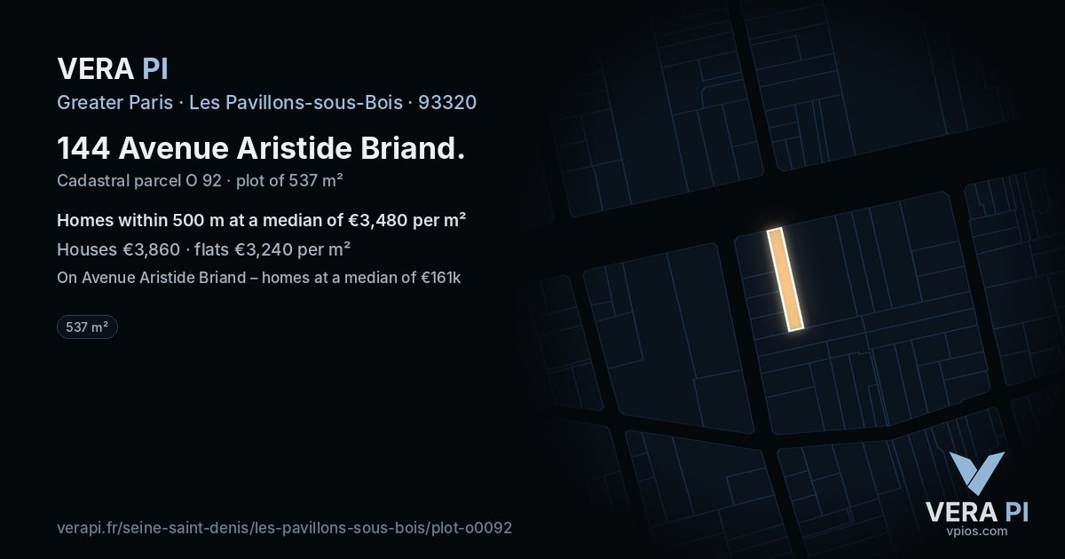 144 Avenue Aristide Briand, Les Pavillons-sous-Bois at night – the plot lit, the parcels around coloured by the prices near them