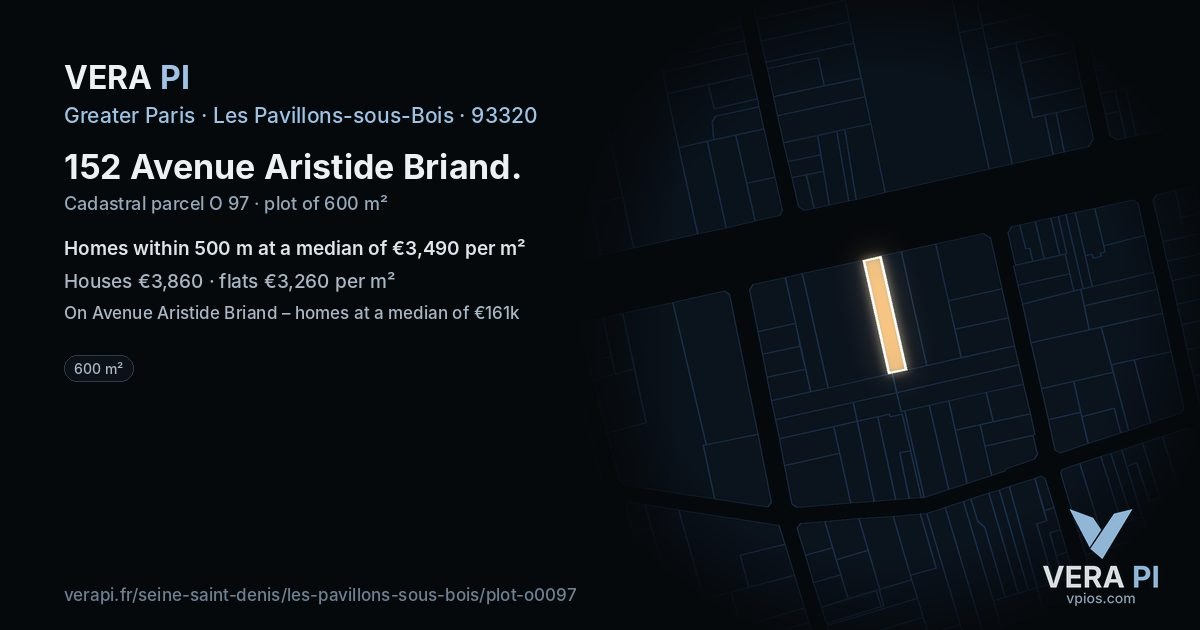 152 Avenue Aristide Briand, Les Pavillons-sous-Bois at night – the plot lit, the parcels around coloured by the prices near them
