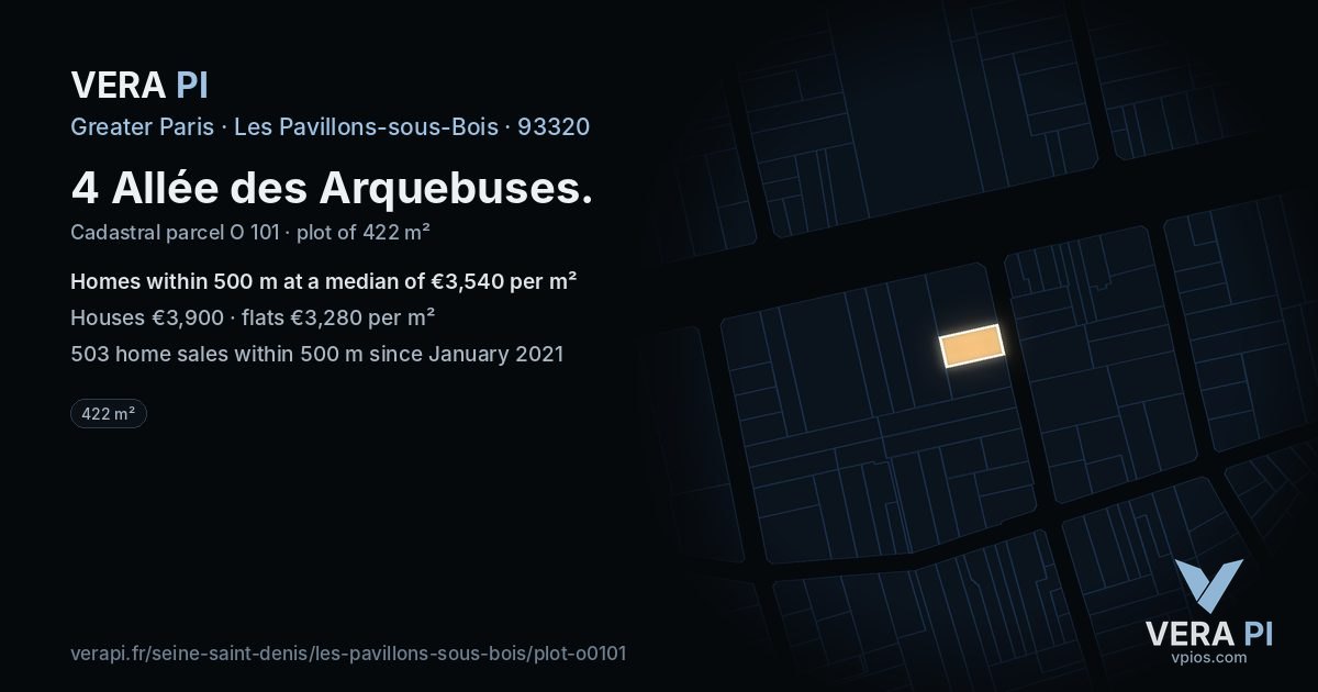 4 Allée des Arquebuses, Les Pavillons-sous-Bois at night – the plot lit, the parcels around coloured by the prices near them