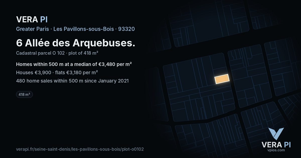 6 Allée des Arquebuses, Les Pavillons-sous-Bois at night – the plot lit, the parcels around coloured by the prices near them