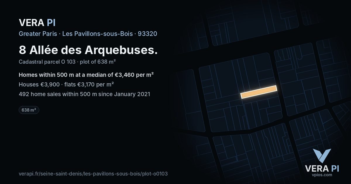 8 Allée des Arquebuses, Les Pavillons-sous-Bois at night – the plot lit, the parcels around coloured by the prices near them