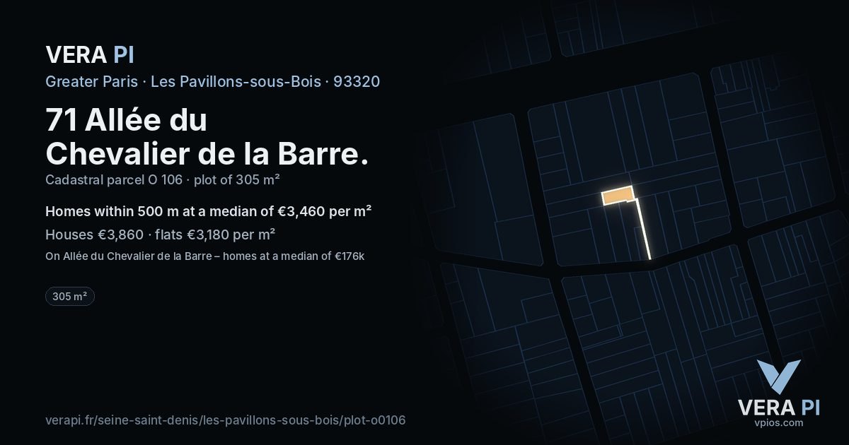 71 Allée du Chevalier de la Barre, Les Pavillons-sous-Bois at night – the plot lit, the parcels around coloured by the prices near them