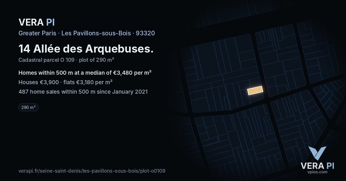 14 Allée des Arquebuses, Les Pavillons-sous-Bois at night – the plot lit, the parcels around coloured by the prices near them