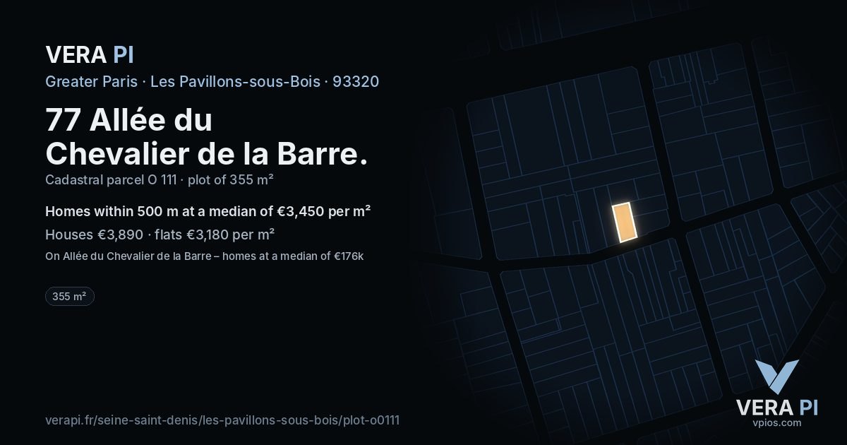 77 Allée du Chevalier de la Barre, Les Pavillons-sous-Bois at night – the plot lit, the parcels around coloured by the prices near them