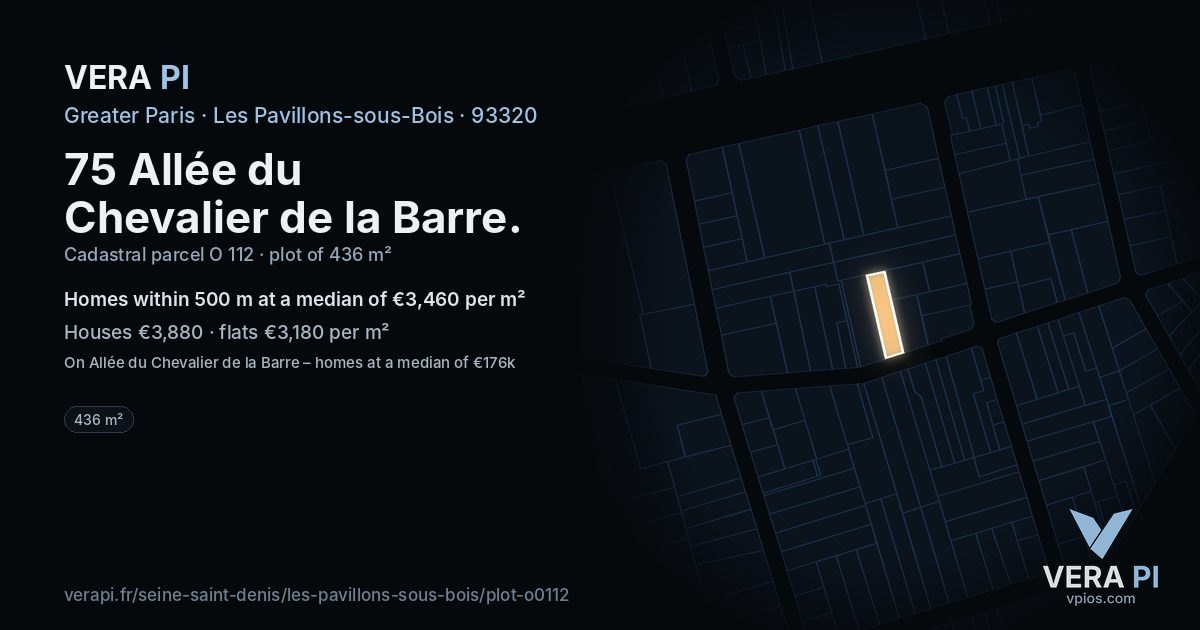 75 Allée du Chevalier de la Barre, Les Pavillons-sous-Bois at night – the plot lit, the parcels around coloured by the prices near them