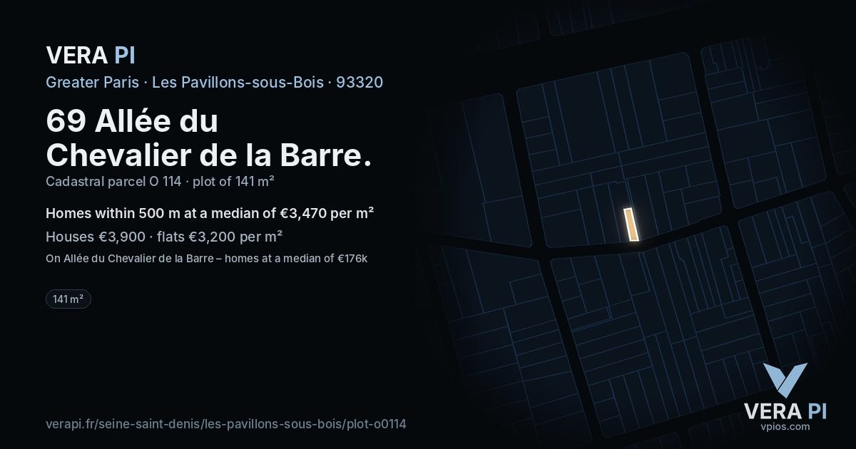 69 Allée du Chevalier de la Barre, Les Pavillons-sous-Bois at night – the plot lit, the parcels around coloured by the prices near them
