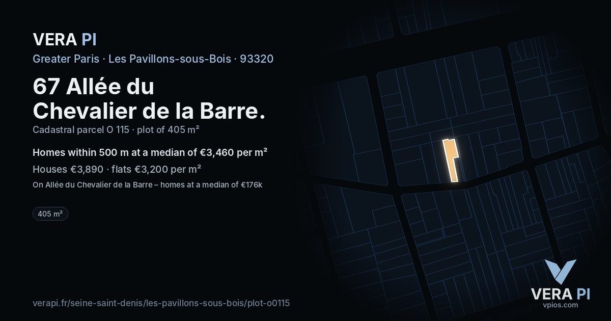 67 Allée du Chevalier de la Barre, Les Pavillons-sous-Bois at night – the plot lit, the parcels around coloured by the prices near them