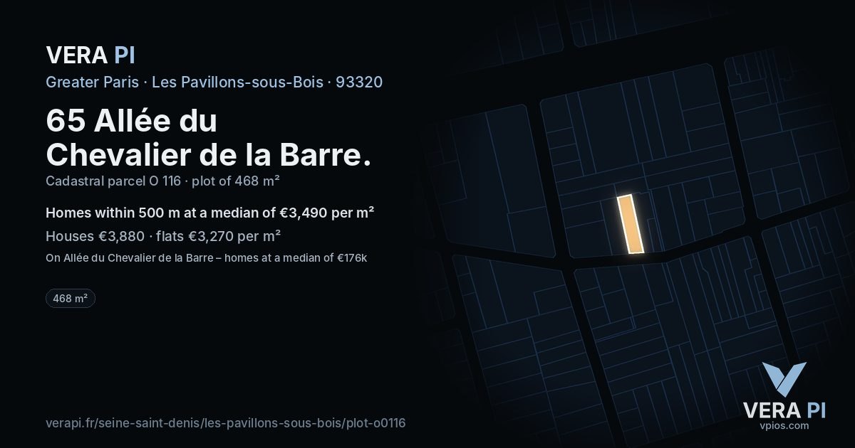 65 Allée du Chevalier de la Barre, Les Pavillons-sous-Bois at night – the plot lit, the parcels around coloured by the prices near them