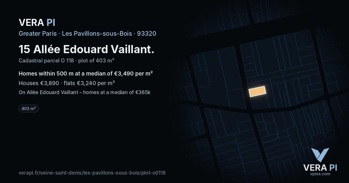 15 Allée Edouard Vaillant, Les Pavillons-sous-Bois at night – the plot lit, the parcels around coloured by the prices near them