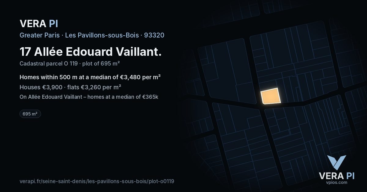 17 Allée Edouard Vaillant, Les Pavillons-sous-Bois at night – the plot lit, the parcels around coloured by the prices near them