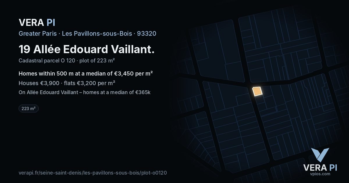 19 Allée Edouard Vaillant, Les Pavillons-sous-Bois at night – the plot lit, the parcels around coloured by the prices near them