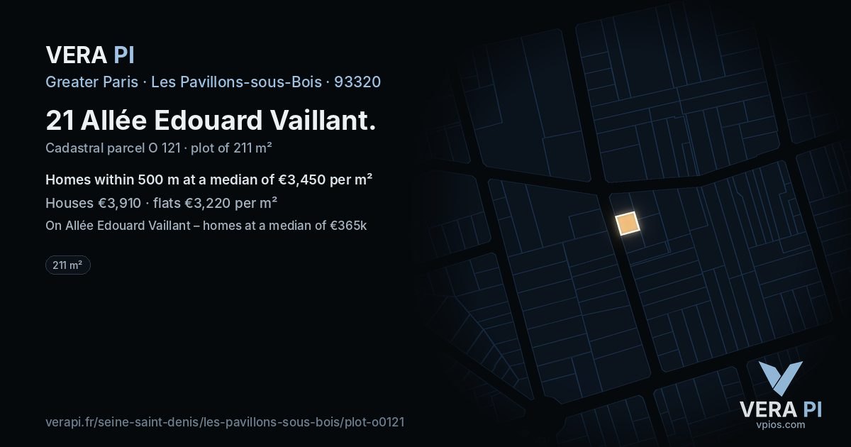 21 Allée Edouard Vaillant, Les Pavillons-sous-Bois at night – the plot lit, the parcels around coloured by the prices near them