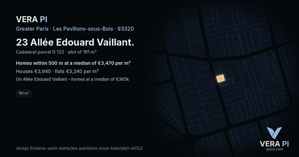 23 Allée Edouard Vaillant, Les Pavillons-sous-Bois at night – the plot lit, the parcels around coloured by the prices near them